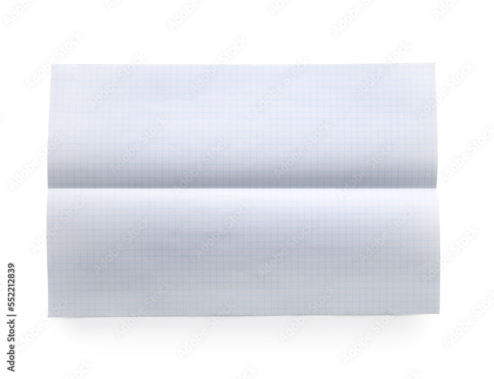 Fototapeta premium Checkered sheet of paper with crease on white background, top view
