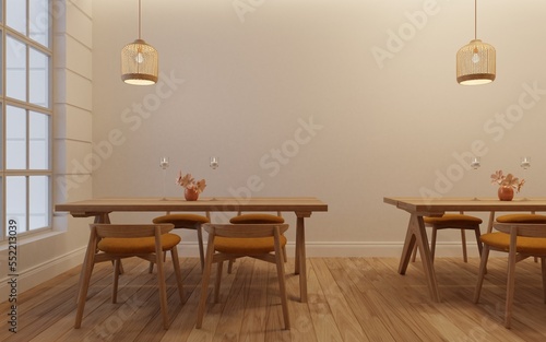 Interior of a picture frame on white wall  bohemian style restaurant with wooden tables and chairs .3d rendering