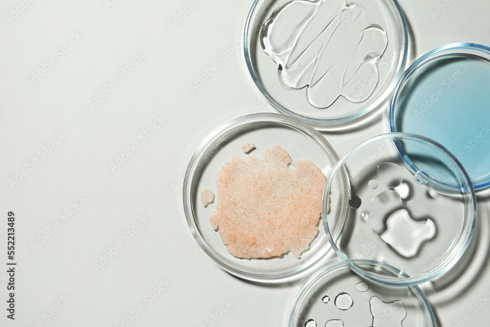 Flat lay composition with Petri dishes on light grey background, space for text Flat lay composition with Petri dishes on light grey background, space for text