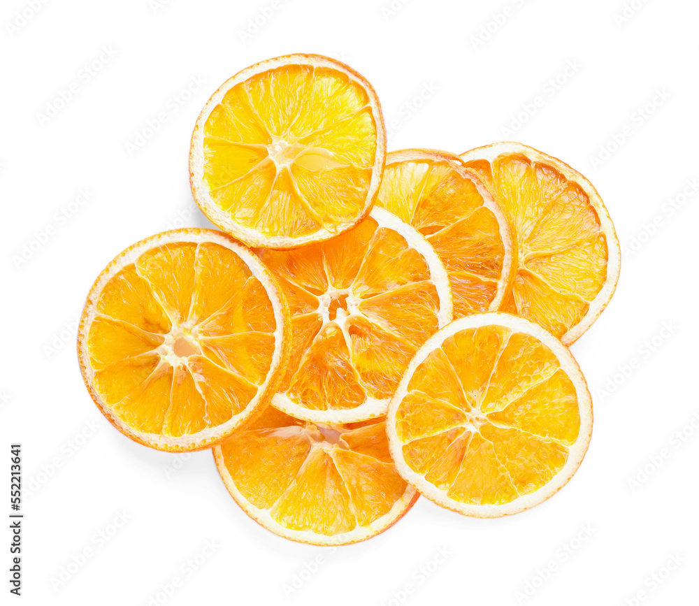 Delicious dry orange slices on white background, top view Delicious dry orange slices on white background, top view