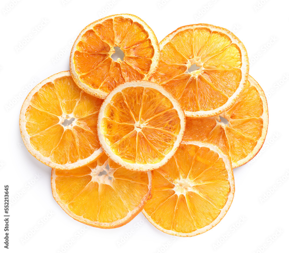 Delicious dry orange slices on white background, top view Delicious dry orange slices on white background, top view