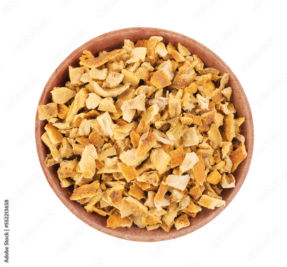 Bowl of dried orange zest seasoning isolated on white, top view Bowl of dried orange zest seasoning isolated on white, top view