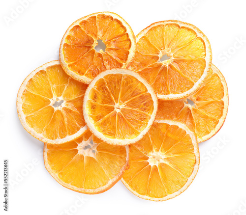Delicious dry orange slices on white background  top view