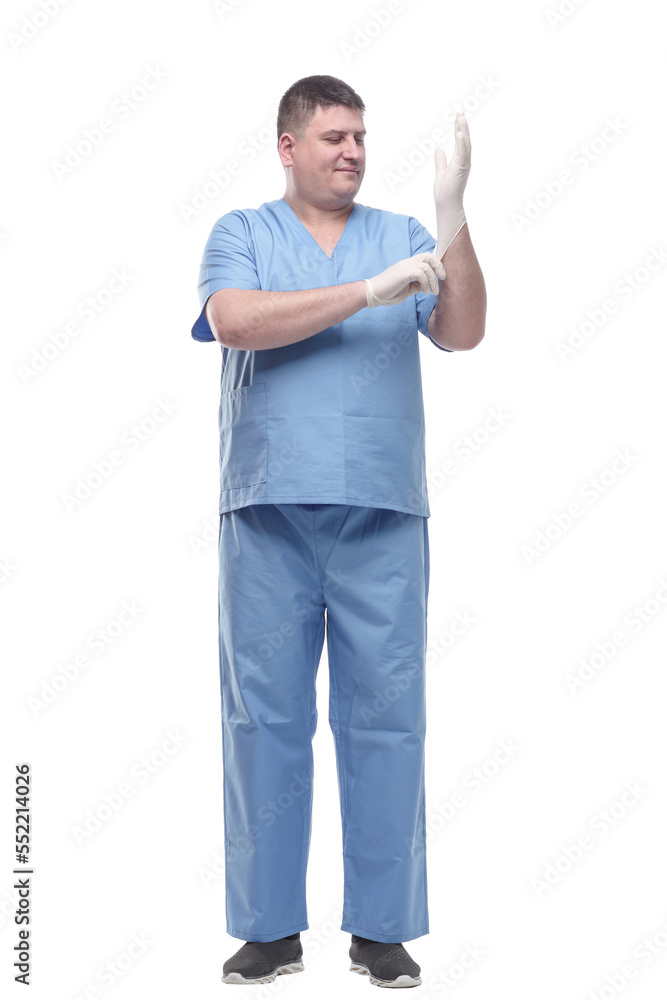 male medic in protective gloves . isolated on a white male medic in protective gloves . isolated on a white