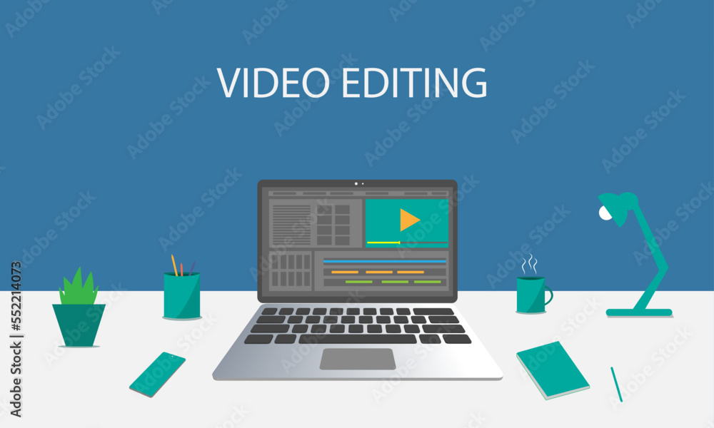 Laptop computer with video editing icon, vector flat illustration