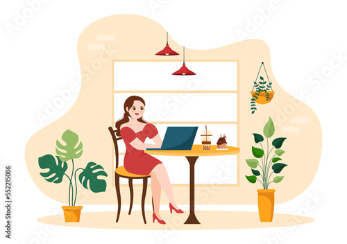 Internet Cafe of Young People Playing Games, Workplace use a Laptop, Talking and Drinking in Flat Cartoon Hand Drawn Templates Illustration © denayune