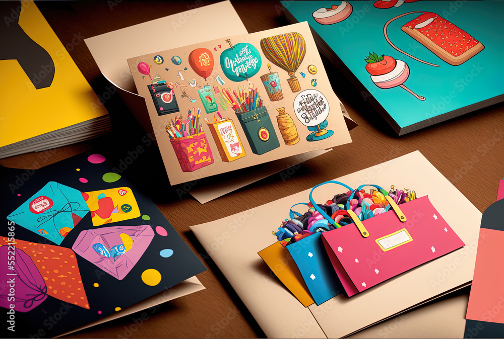 Obraz premium A selection of cards with vibrant shopping bags and decorations. Generative AI