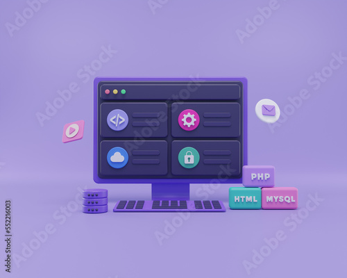 3D Render web development, software development, web design, coding and programming. 3d illustration