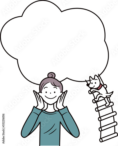 アジア人女性と吹き出にハシゴをかけて登るペットの犬のイラスト素材