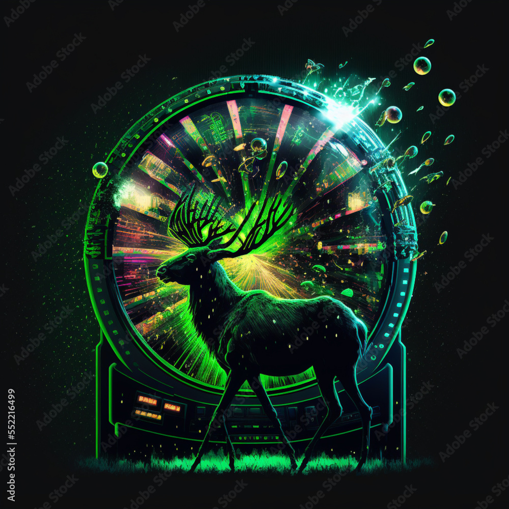 Fototapeta premium Casino Spirit Animals leaping from the Wheel of Fortune and Roulette Wheel for luck and big wins