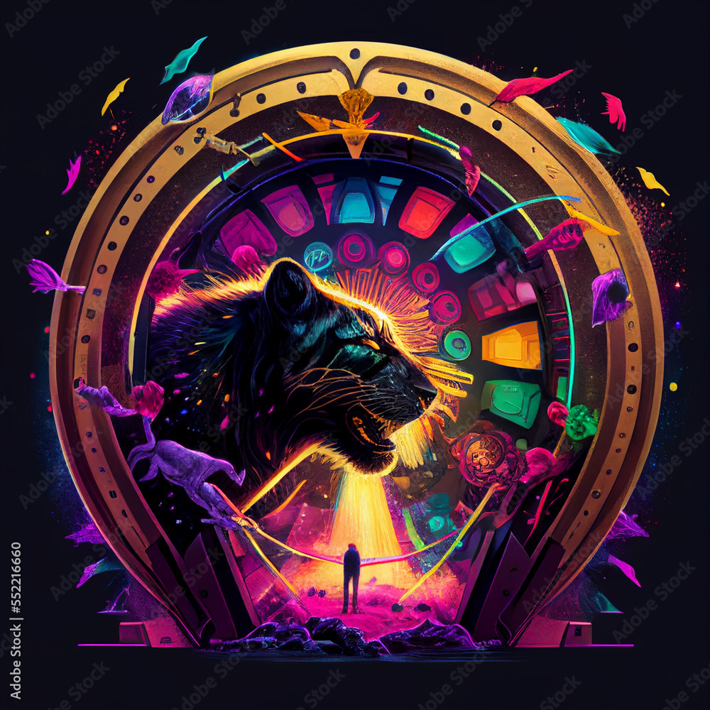 Fototapeta premium Casino Spirit Animals leaping from the Wheel of Fortune and Roulette Wheel for luck and big wins