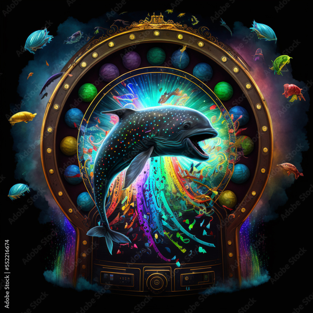 Fototapeta premium Casino Spirit Animals leaping from the Wheel of Fortune and Roulette Wheel for luck and big wins