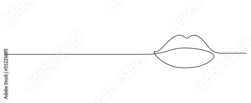 One continuous line drawing of mouth and lips. Concept symbol of makeup and lipstick in simple linear style. Mascot icon for posters, cards, banner, template, web. Doodle vector illustration