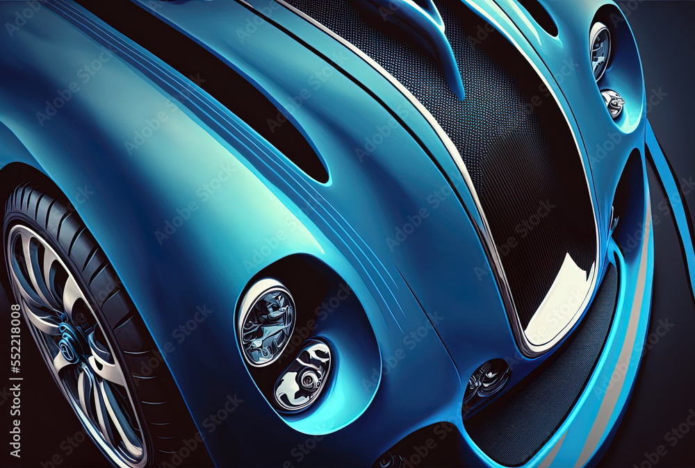 A contemporary blue and black car's exterior elements are seen in a close up, high angle image. Generative AI