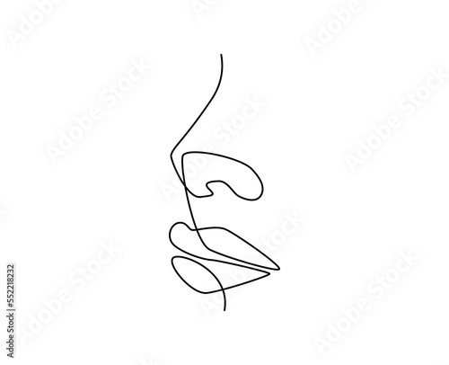 One continuous line drawing of mouth and lips. Modern face portrait of makeup and lipstick in simple linear style. Mascot icon for posters, cards, banner, template, web. Doodle vector illustration