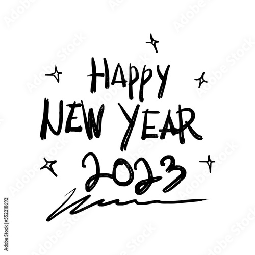 Hand drawn lettering  Happy 2023 new year . isolated on white background. doodle vector illustration