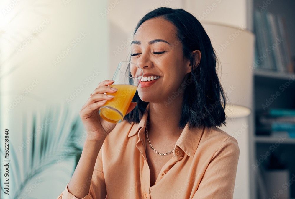 Orange juice, drink and happy black woman relax while drinking health