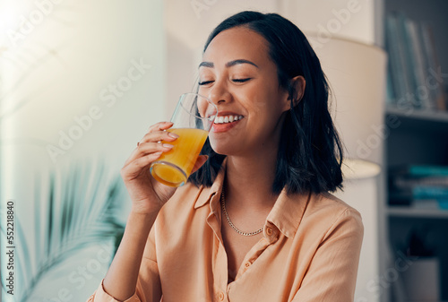 Foto Orange juice, drink and happy black woman relax while drinking health liquid or organic fruit beverage