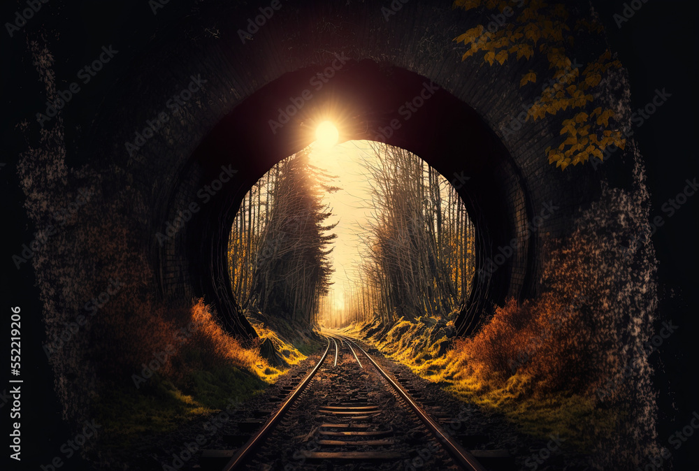 railroad tunnel with a gloomy inside and a view of the sun. Through the