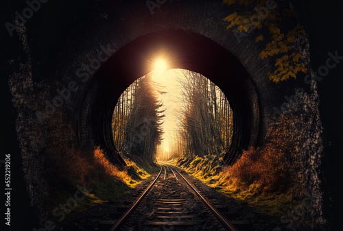 railroad tunnel with a gloomy inside and a view of the sun. Through the tunnel aperture, one can see train tracks extending out into the horizon. trees and woodlands. Generative AI