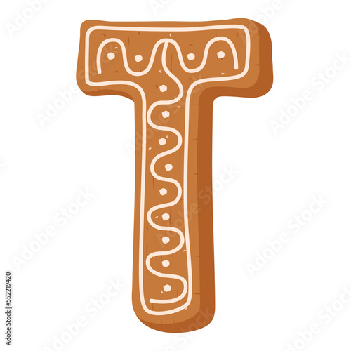 Christmas gingerbread cookie in shape of letter T on white background 