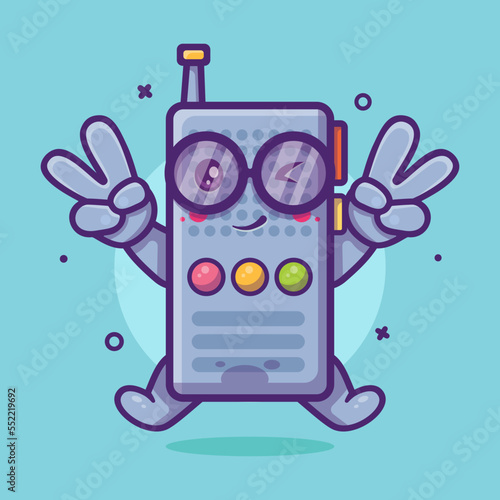 cute walkie talkie character mascot with peace sign hand gesture isolated cartoon in flat style design