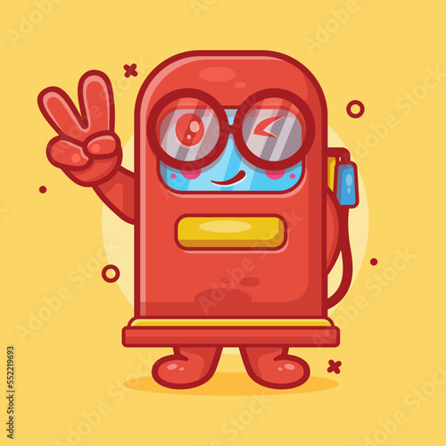 funny gasoline pump character mascot with peace sign hand gesture isolated cartoon in flat style design