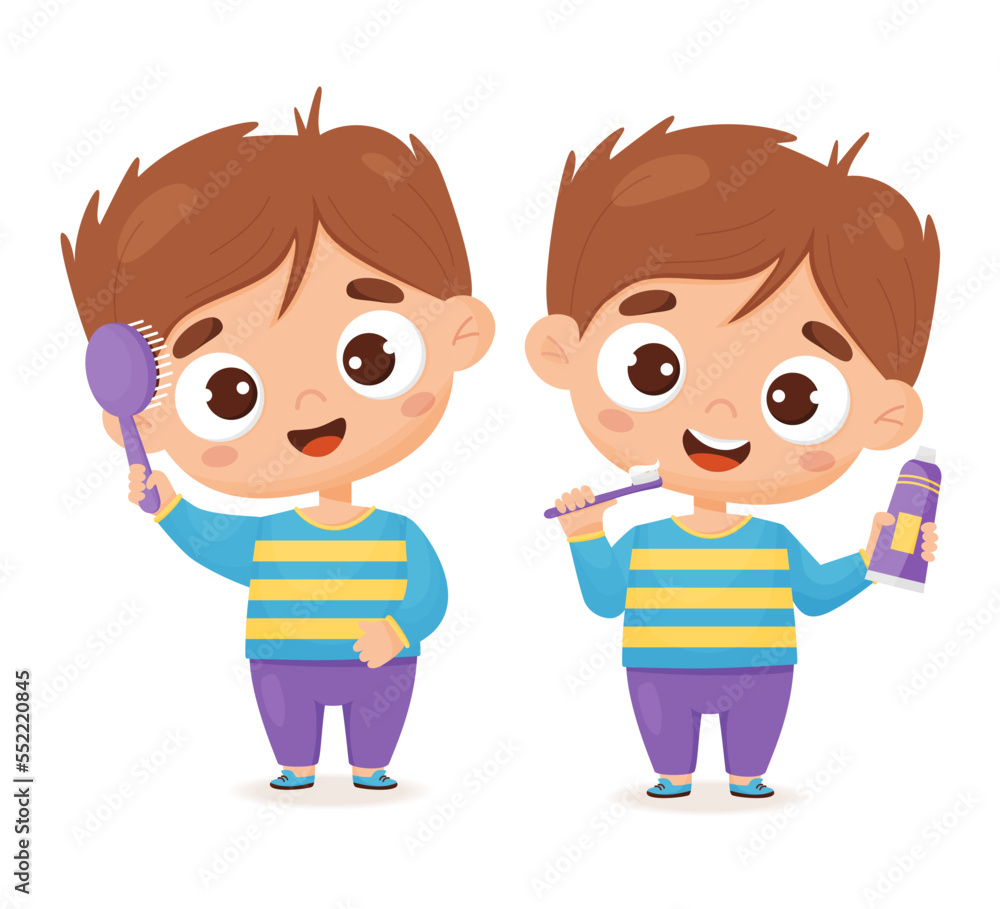 Cute boy brushes her teeth and combs her hair with comb. Concept of hygiene, personal care and beauty. Vector illustration in cartoon style for design, decor, print and kids collection.