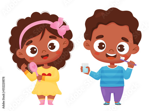 Cute ethnic girl combing her hair and dark-skinned boy brushes her teeth. Personal hygiene, personal care and beauty. Vector illustration children in cartoon style for design, decor, kids collection.