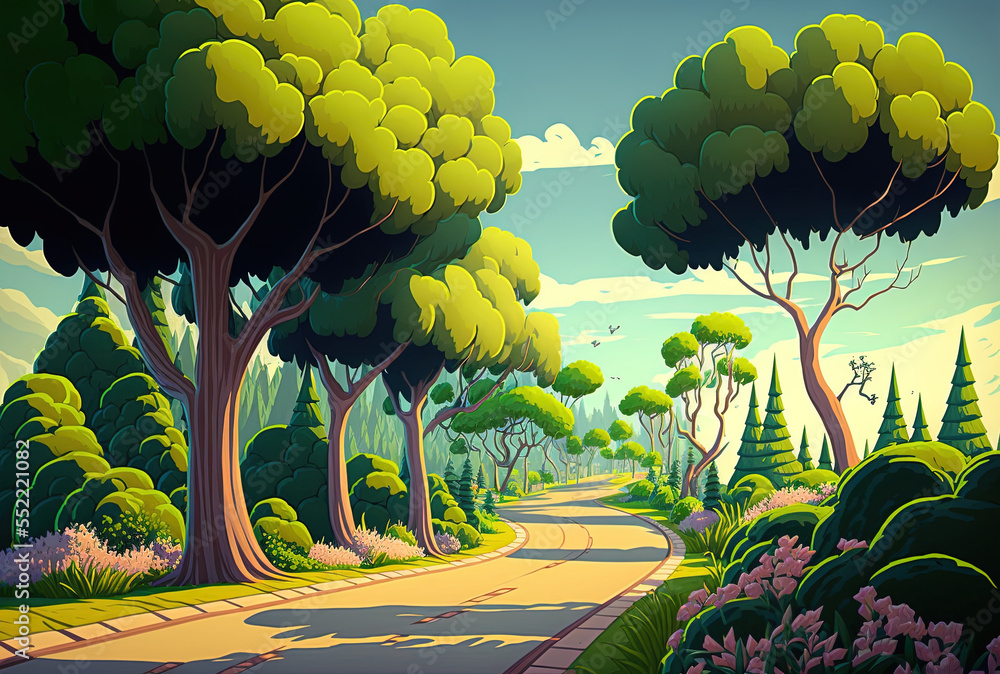 Fototapeta premium Beautiful plants and trees surround the road in the foreground. Generative AI