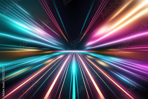 Speed motion on the neon glowing road at dark. Speed motion on the perspective road. Abstract colored light streaks acceleration. Perspective space gates. illustration.