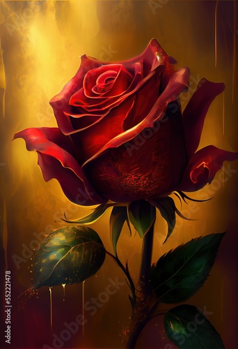 Majestueuze robijnrode rode roos gouden magische magestische achtergrond. Liefde. Concept kunstlandschap. Boek illustratie. Scène met videogames. Serieus digitaal schilderen. CG Kunstwerk Achtergrond. Generatieve AI
