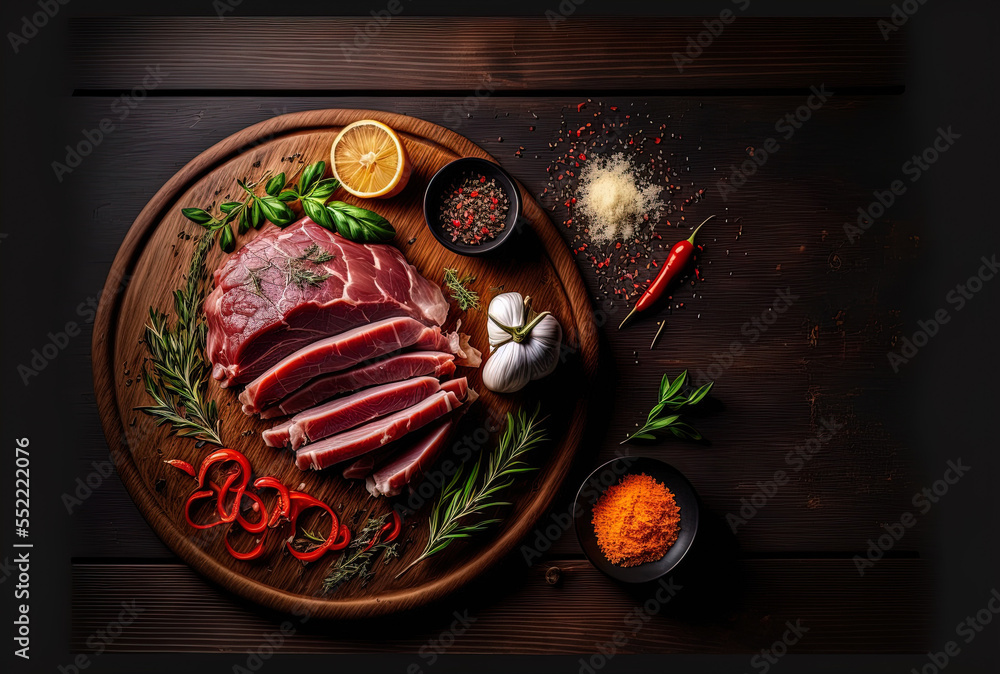 Raw hog meat and cooking materials are displayed on a dark hardwood ...