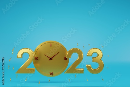 2023 Gold on blue background. Merry Christmas and Happy New Year 2023 greeting card, 3d render illustration.