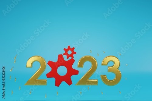 2023 Gold and red gear on blue background. Merry Christmas and Happy New Year 2023 greeting card, 3d render illustration.