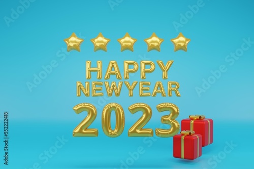 Happy new year 2023 and Merry Christmas on blue background. Red gift box Greeting card,  3d render illustration.