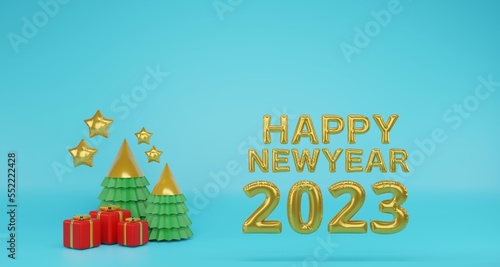 Happy new year 2023 and Merry Christmas on blue background. Red gift box and Christmas tree Greeting card,  3d render illustration.