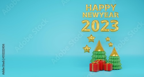 Happy new year 2023 and Merry Christmas on blue background. Red gift box and Christmas tree Greeting card,  3d render illustration.