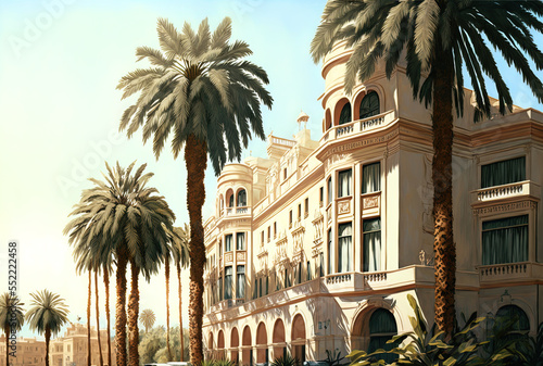 Egyptian hotel beauty in the morning. palm trees against a white, two story hotel backdrop. Generative AI © AkuAku