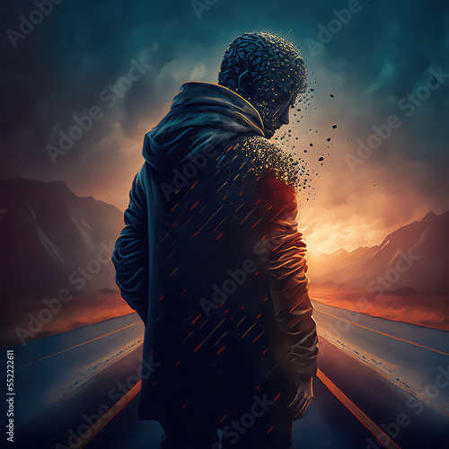 Figure Wearing A Hoodie and Crumbling to Dust in Middle of the Road | Midjourney Generated Ai  