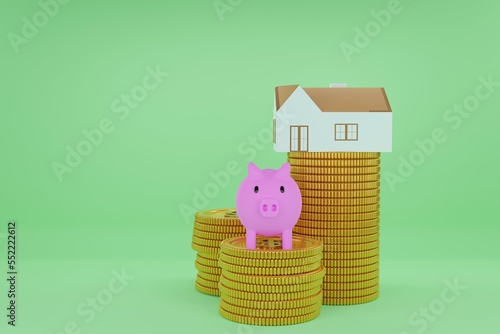 Earning money with minimal house and piggy bank, Coins stack, money income, investment, 3d render illustration