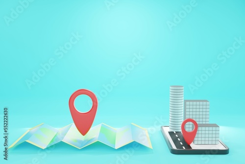 Smartphone with mobile navigation app on screen. Route map with symbols showing location. Global Positioning System concept design element in flat style. 3d render illustration.