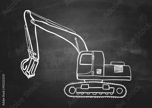 An excavator hand drawn in chalk on a blackboard. isolated vector graphic