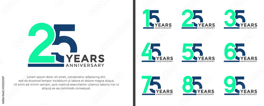 set of anniversary logo style flat green and blue color for celebration