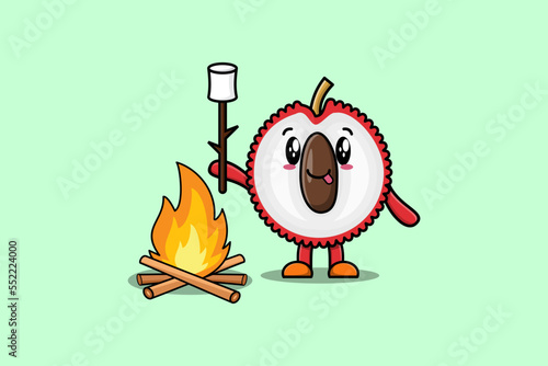 Cute cartoon Lychee character is burning marshmallow