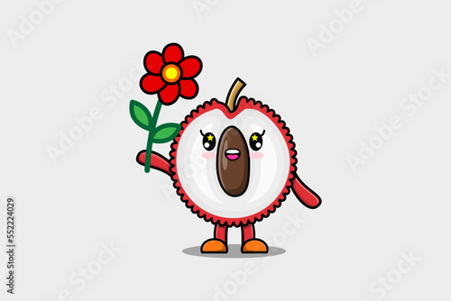 Cute cartoon Lychee character holding red flower in concept 3d cartoon style