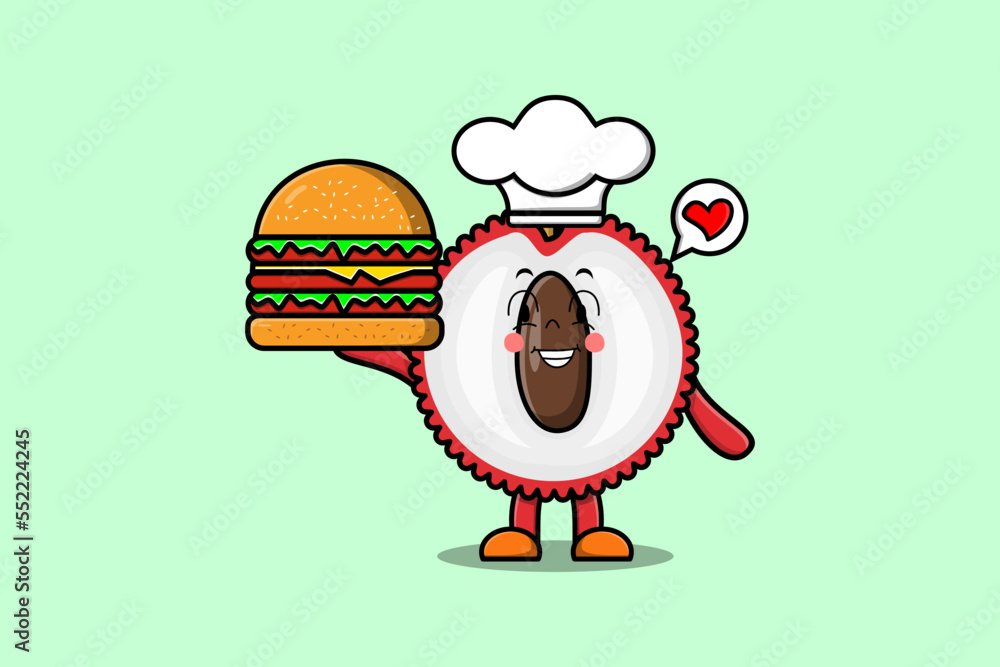 Cute cartoon Lychee chef character holding burger in flat cartoon style illustration