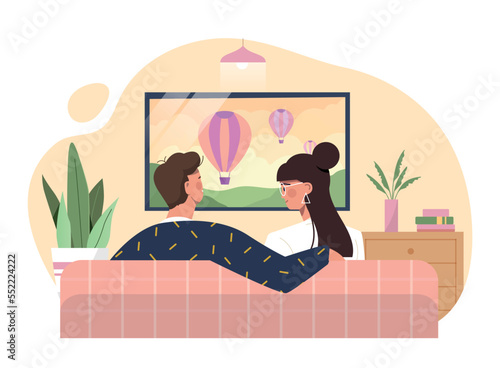 People watching TV. Man and woman sit on couch and look at screen. Young couple resting after work or study. Characters watching movies and series in evening. Cartoon flat vector illustration