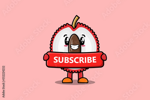 Cute cartoon Lychee character holding red subscribe board