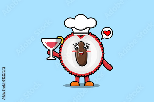 Cute cartoon Lychee chef character holding wine glass flat cartoon style illustration